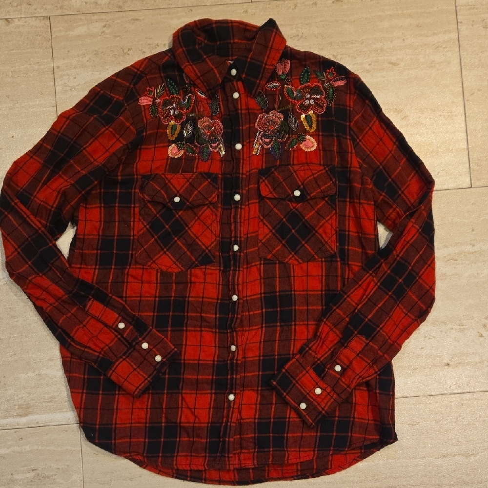 ZARA Basic Z1975 Denim Red/Black Flannel Western Button/Snap-Down Shirt